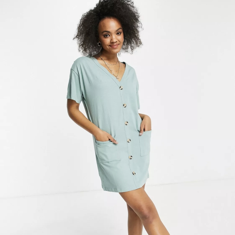 ASOS DESIGN button through t-shirt dress in sage Large size 14